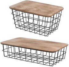 Metal Wire Storage Box Wooden Lid Home Office Bedroom Shelf Basket Container