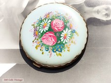 Pale blue enameled flowers-Vintage Powder Compact-Make Up-Mirror-0i