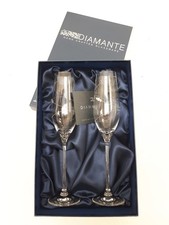Diamante Swarovski Ring Flute Pair Hand Crafted Glassware Boxed 