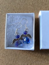 Blue & AB Crystal Guardian Angel Pendant Earrings. S.Steel Hook. Boxed Gift Idea
