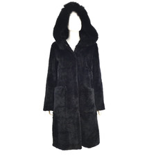 Real Astrakhan Fur Coat Black Hooded Long Line Real Fur Warm Winter size M