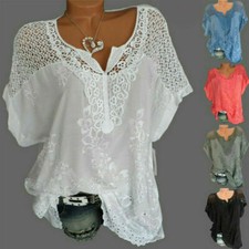Womens T-Shirts Short Sleeve Summer Loose Blouse V-Neck Lace Tops Tee Plus Size