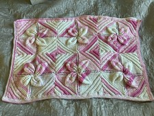 Hand Knitted Leaf Pattern Baby Blanket. Pink White 36” By 24” With Gift Bag