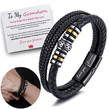 To My Grandson PU Leather Bracelet Bangle Wristband with Card, Gift for Grandson