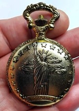 ??GOLD TONE, STAINLESS STEEL GENEVA, 12s, QUARTZ FULL HUNTER POCKET WATCH,FWO⭐