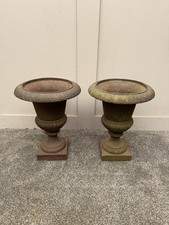 Small Pair Vintage Cast Iron Garden Urns Planters 34cm Tall