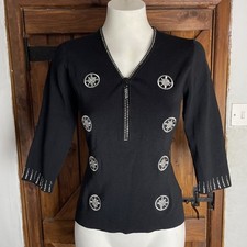 Stephen Y Black Knitted Embroidered Diamonte Zip 3/4 Sleeve Top Size S/M