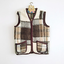 Vintage Brown Mix Checked Plaid Sherpa Fleece Gilet Size M/L Unisex 