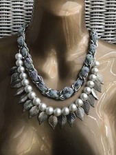 Statement Necklace Pearls Leaves Link Fabric Kidson Tribal Ethnic Boho Hippie VG