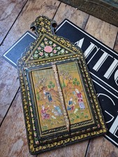 Antique Old Polychrome Folk Art Ornate Oriental Painted Wooden Frame Mirror 