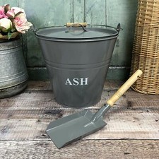 Fireside Ash Bucket & Shovel in French Grey with Wooden Handle and Lid