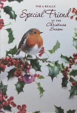 SPECIAL FRIEND CHRISTMAS CARD ROBIN ON A HOLLY TREE BRANCH 7”x5” FREE P&P
