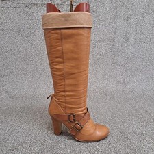 Schuh Long Boots Tan Brown Leather 36 UK 3 Leather 3.25" Block Heel Buckles