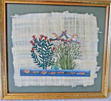 Framed Pen/Ink Colour Pigments Painting on Linen Vibrant Birds Flying Fish Ducks