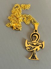 Egyptian Ankh with Eye of Horus pendant Necklace goldtone on chain