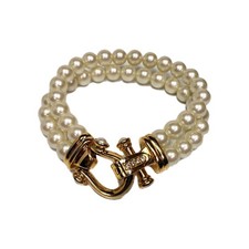 Vintage Gold Tone Double Row White Faux Pearl Bracelet