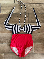 New Retro Bikini Size S UK 8 10 High Waisted Bow Padded Nautical Black/Red