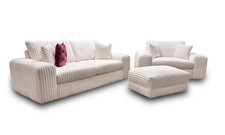 Fabb 'Rib' 3 Seater Sofa + Snuggler + Footstool Ivory Soft Fur Cord Fabric NEW