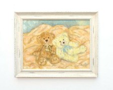 Original framed oil painting Yellow and honey teddy bears teddies Andi J Lucas