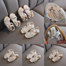 Kids Girls Diamante Pearl Sandals Children Party Strappy Flat Beach Summer Shoes