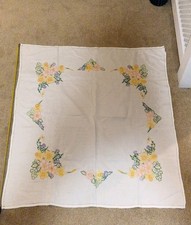 Embroidered  Square Tablecloth Approx 43"x37". White With Floral.Good Condition.