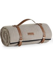 VonShef Picnic Blanket, 8 Person Large Beige and Green Herringbone 