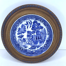 Vintage Wooden Butter Dish With Blue & White Willow Pattern Insert  Carved Rim