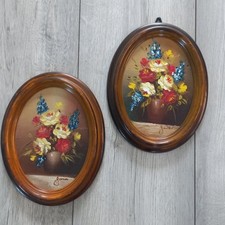 Vintage Pair Of Floral Oil Paintings In Oval Wood Effect Frames Hand Painted 