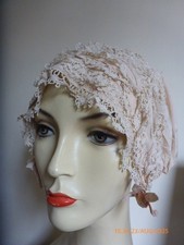 Vintage 1920s Silk Boudoir Cap Sleep Hat Pale Peach with Cream Lace Detail Med