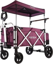 Purple 2-Seater Folding Stroller Wagon Kids Push Pull All-Terrain Cart w/ Canopy