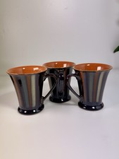 Set of 3 Denby Langley Gatsby Stripe Mugs /Navy & Brown Stripes, Orange Interior