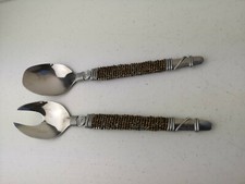 Silver Metal `N Twisted Wire & Bronze & Clear Beaded Handle Salad Serving Spoons