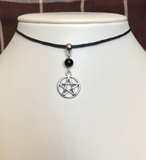 Gothic Pentagram Pendant and Black Bead Cord Choker Necklace - Wicca Pagan Witch