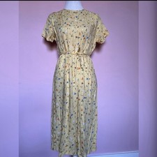 Vintage Tea Dress Midi Yellow Ditsy Floral Medium UK10 UK12 1980s Does 1930s