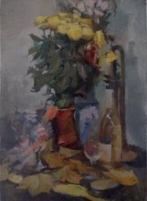 vintage original oil painting Yellow Roses 57x41cm unframed 