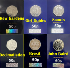 UK coin card 50p Change Checker Kew Gardens Guides Scouts Decimal Brexit Baird