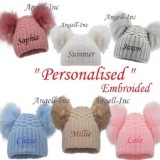 PERSONALISED BABY FUR POM POM HAT KNITTED WINTER WHITE PINK BLUE GREY GIFT