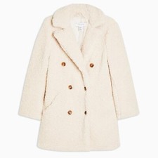 TOPSHOP UK SIZE 10-12 TEDDY FUR BORG PEA COAT EU 38 US 6 OFF WHITE JACKET