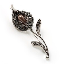 Black Crystal Calla Lily Brooch In Silver Tone - 63mm L