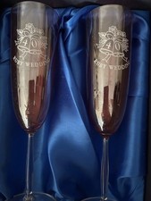 Bohemia Crystal Pair Of Champagne Flutes Pink- Engraved Ruby Wedding 40 - Boxed
