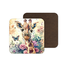 Giraffe Floral Watercolour Square Coaster Mug Mat Tea Coffee Present Gift