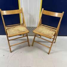 Pair Vintage Retro Rattan Folding Chairs Wooden MCM Midcentury Modern