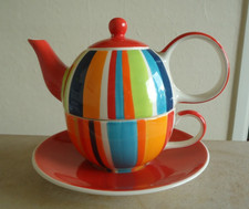 Whittard of Chelsea Tea for One Striped Retro 16cm Teapot and Tea Cup & Saucer