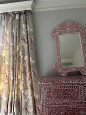BESPOKE DESIGNER PINK MAGNOLIAS FRENCH  FRILLED WOOL THERMAL INTERLINED CURTAINS