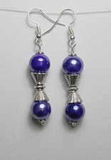Dangle earrings - cobalt-blue glass beads + silver metal caps. 56mm long