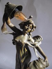 ANTIQUE ART NOUVEAU LARGE FIGURINE LAMP Signed in cast Bronze or spelter