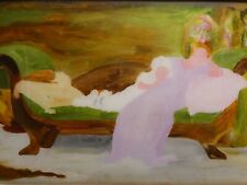 Impressionist Antique Oil Painting on Reverse Domed Glass Lady on Chaise Lounge