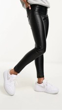 Bershka Coated Faux Leather High Waisted Skinny Trousers In Black Size UK 6 BNWT