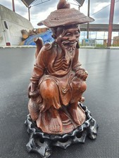 Large Antique Chinese Japanese Hand Carved Wooden Fisherman Ornament Stand