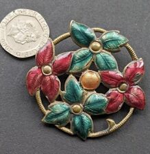 Antique Czech Enamelled Red & Green Floral, Pressed Pierced Brass Brooch 5cm